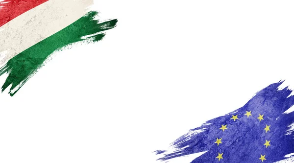 Drapeaux de la Hongrie et de l'Union européenne sur fond blanc — Photo